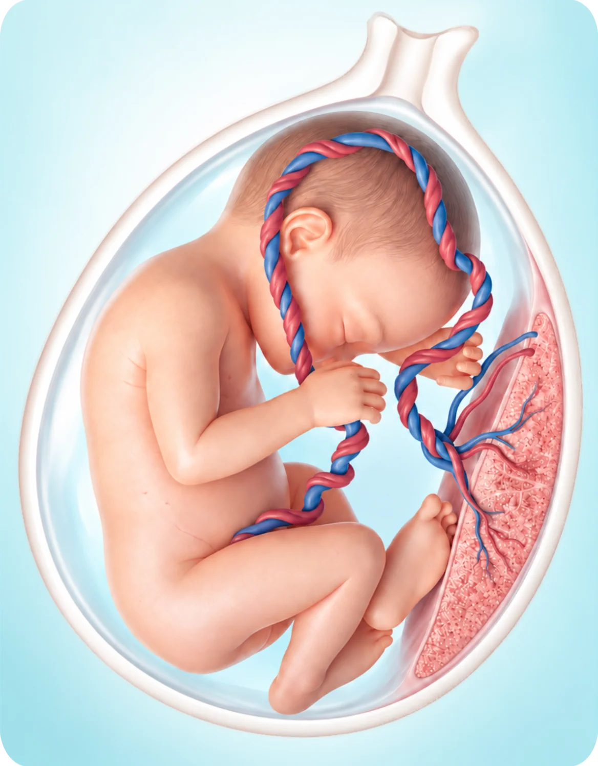 Medical illustration of a developing fetus inside the amniotic sac