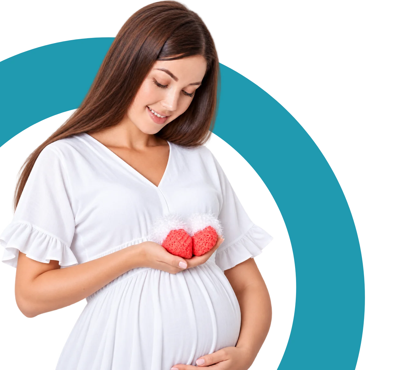 Pregnant woman smiling in soft white dress, cradling her baby bump